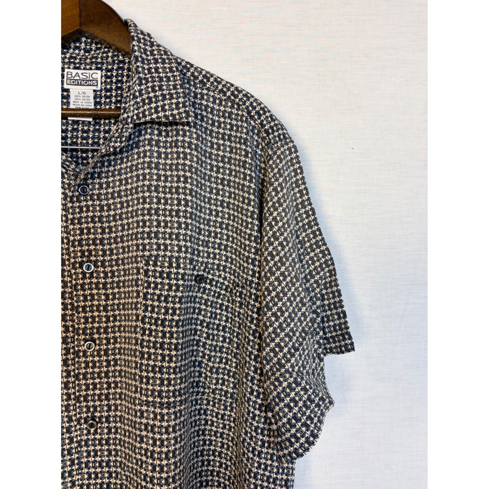 Basic Editions Mens Rayon Short‎ Sleeve Button Up Shirt Geometric Print Blue L - Picture 4 of 12